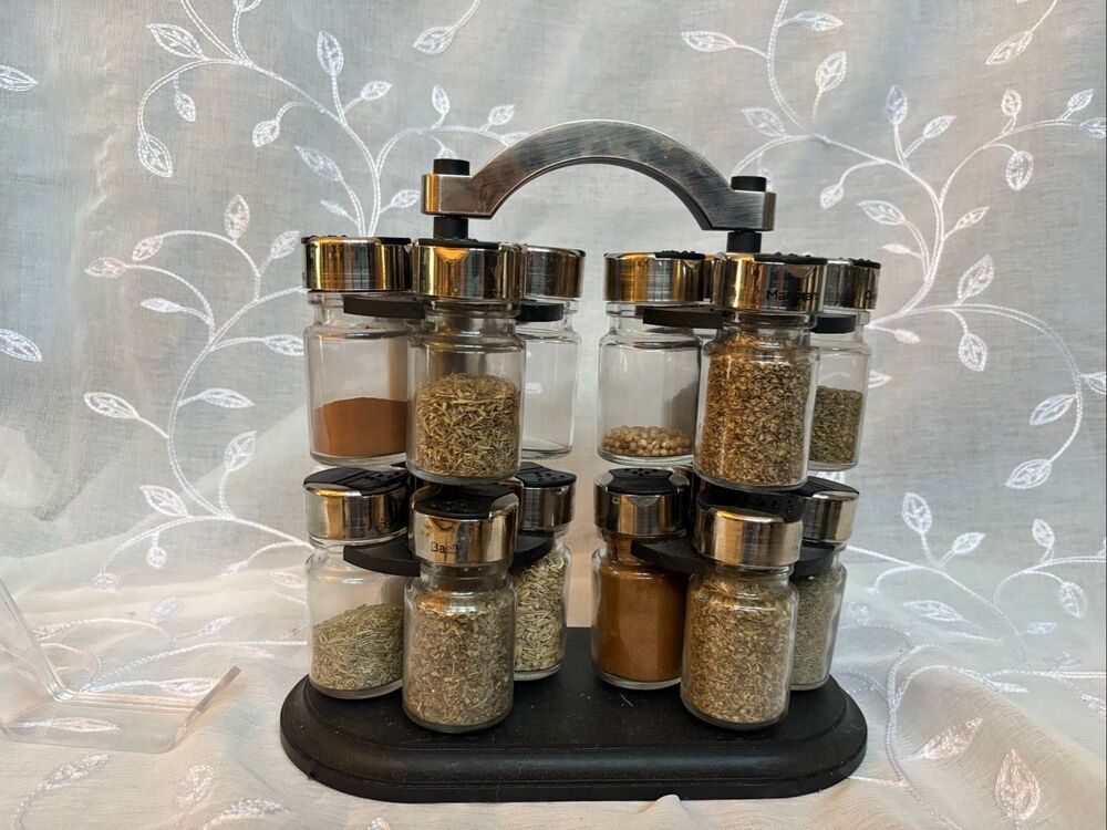 Orii 20-Jar Revolving Spice Rack Stainless Steel Glass Jars Rotating Organizer